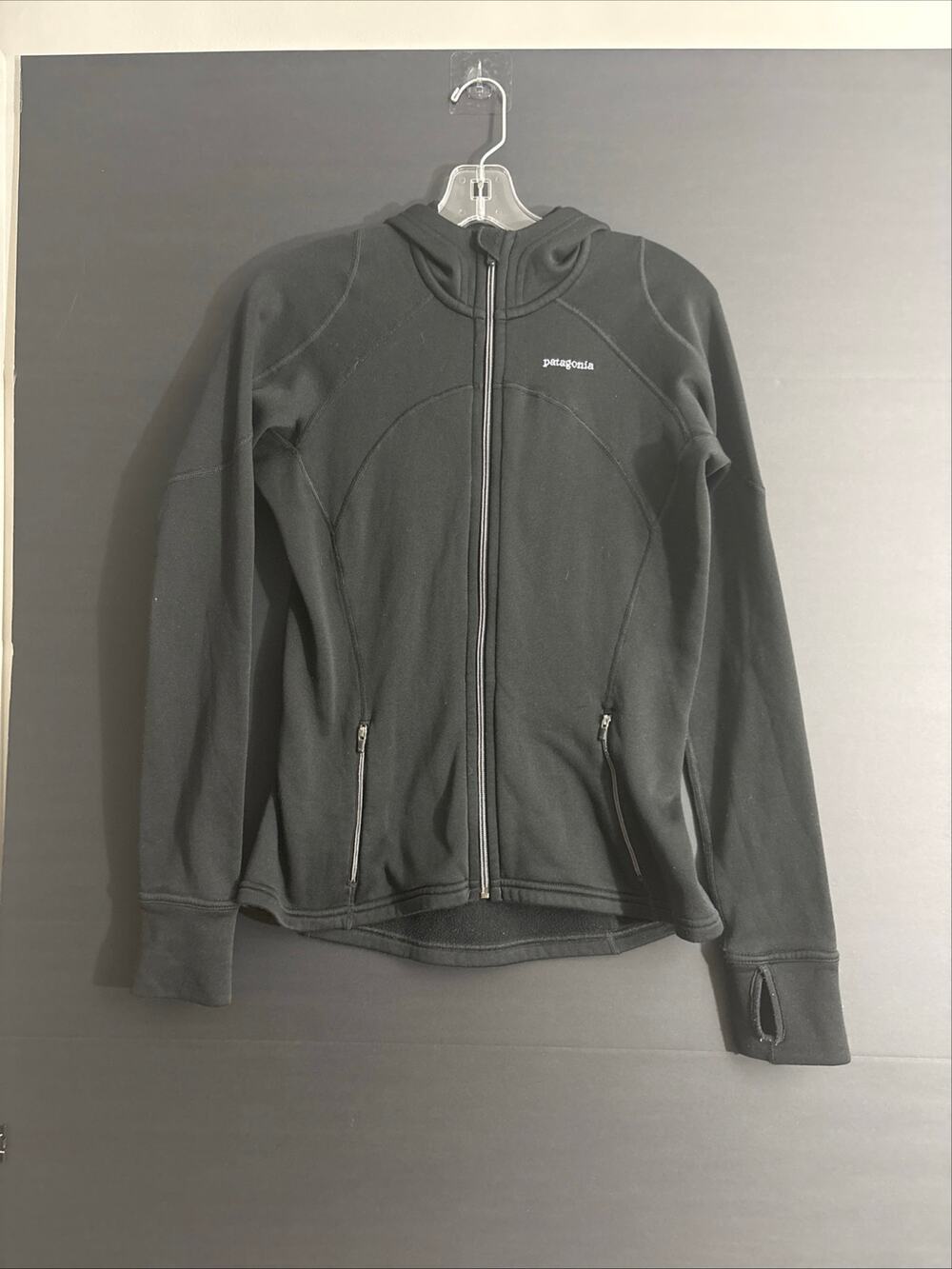 Patagonia Women’s M Black Polartec Fleece Full Zip Hooded Jacket Thumbholes